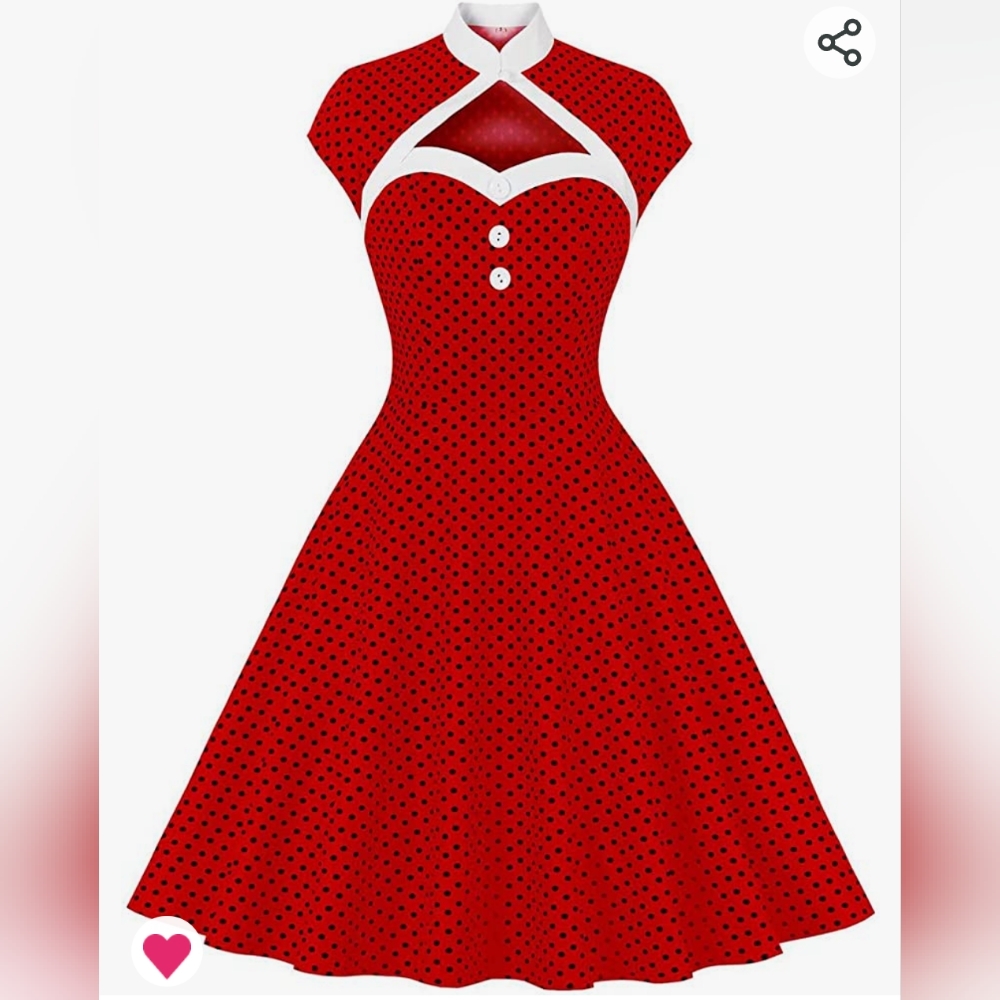 Women Vintage Pin-up Cap Sleeve Stand Collar Polka Dot Cutout Button Dress XL